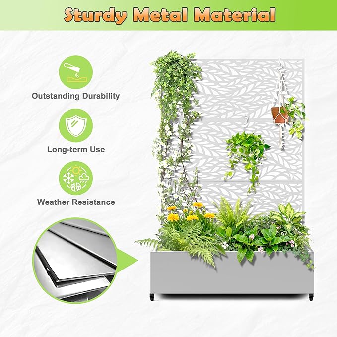 Metal Raised Garden Bed with Trellis, 2-in-1 Planter Box & Privacy Screen for Climbing Plants, Outdoor Standing Flower Bed with Drainage Holes, 47.2" L x 16.7" W x 70.8" H, White-Spring