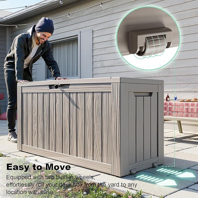 75 Gallon Waterproof Resin Deck Box, UV Resistant Outdoor Storage for Garden, Patio, Porch, Delivery（Grey，75 Gallon）