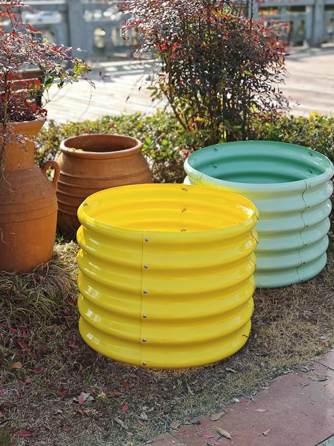 A ANLEOLIFE Kids Mini Raised Garden Beds Outdoor (4-Pack)-24x24x18in Round Galvanized Metal Planter Box for Planting Vegetables, Flowers, Fruits, Eco-Safe & Easy Setup, Sunlit Gold