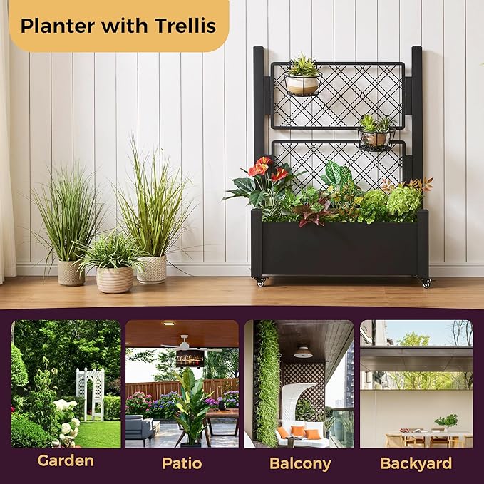 Metal Raised Garden Bed with Trellis, 50Hx38Wx14D Inch Compact Planter Box for Climbing Plants, Patio Balcony Garden, Privacy Screen with Wheels and Drainage Holes, Black