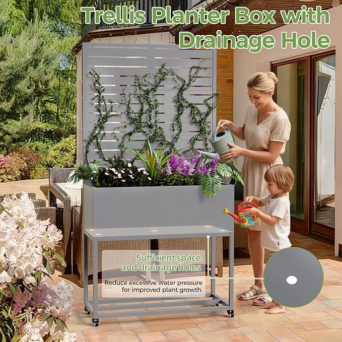Metal Planter Box with Trellis, 3 in 1 Raised Garden Bed with Trelli & Firewood Rack, Privacy Planter Screen for Climbing Plants, Vine, Outdoor Garden Standing Beds with Drainage Holes, Wheels,Grey