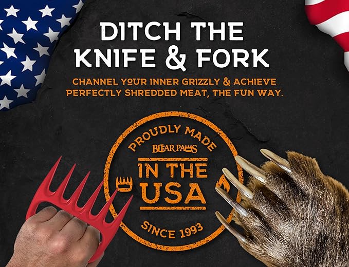 Bear Paws Meat Claws - The Original Meat Shredder Claws for Pulled Pork, USA Made - Easily Lift, Shred, Pull and Serve Pork, Chicken, Brisket and Turkey - Gift for Dad on Christmas! (Red)