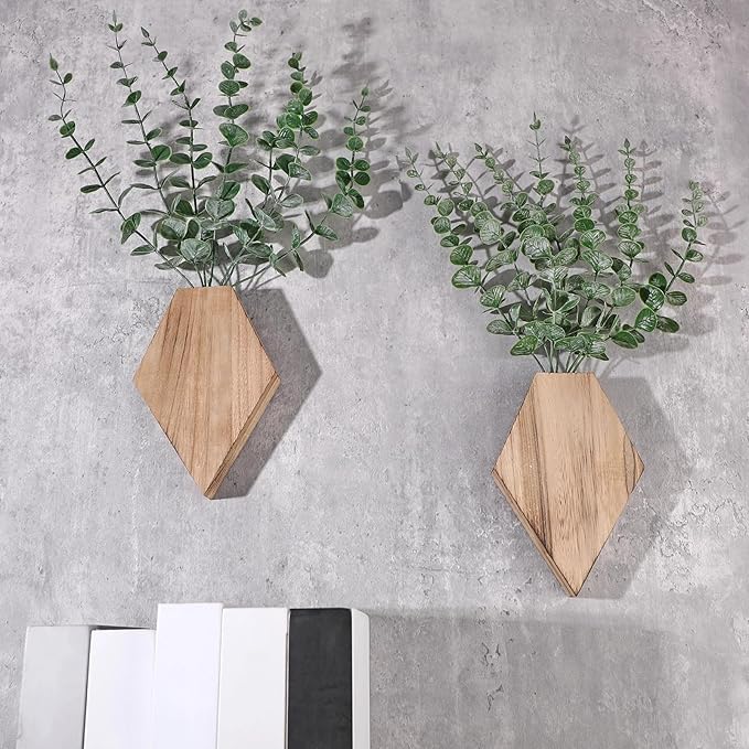 Chunful 2 Pcs Wooden Wall Planter Decor Hanging Fake Plants Greenery Flowers Holder Vase Boxes for Wall Bohemian Farmhouse Room Kitchen Office Indoor Decoration(Wooden Color,7.1 x 4.7 x 1.2 Inches)