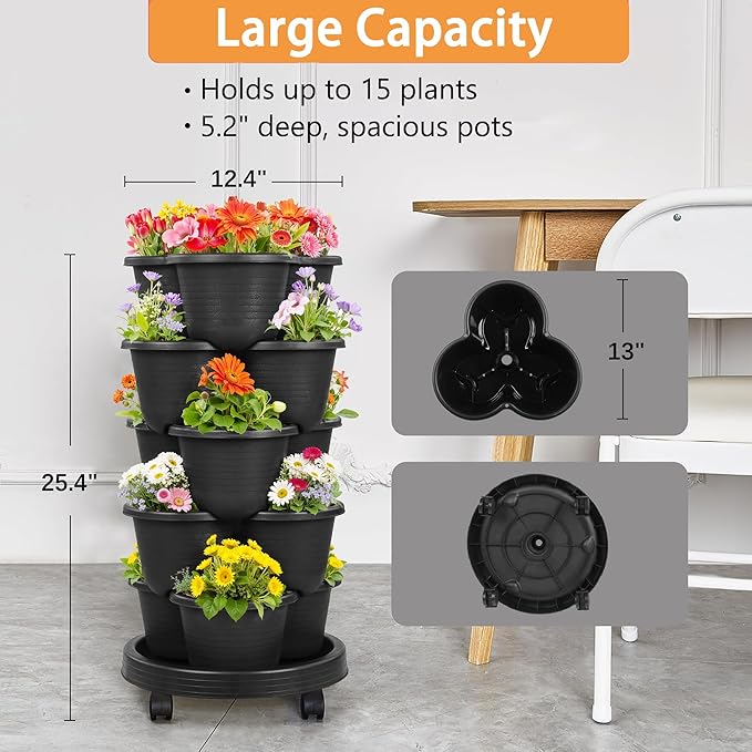 VECELO 5 Tier Vertical Garden Planter, Self Watering Stackable Planters with Wheels for Strawberries, Herbs, Flowers, Vegetables, Black