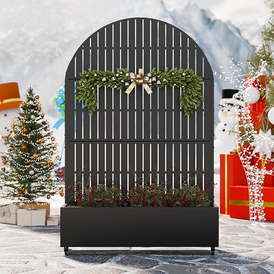 Casaphoria Metal Raised Garden Bed with Trellis and Wheels, 72"x47"x16" Arched Planter Box for Climbing Plants, Vegetables & Vines, Features Drainage Holes and Privacy Screen (Black-Fence)