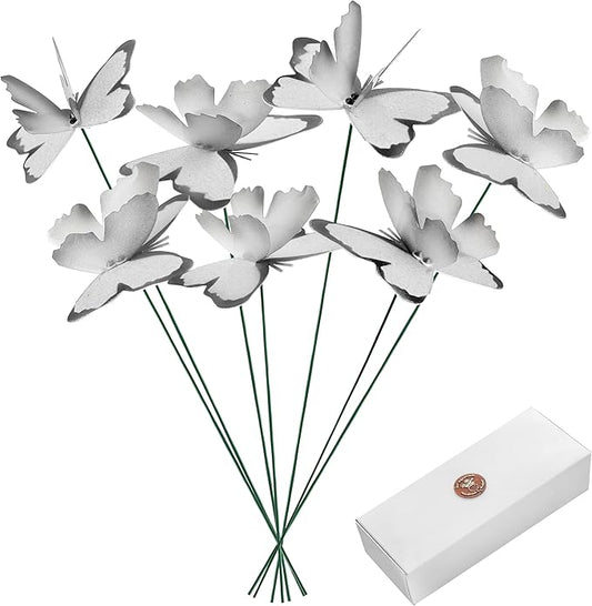Handmade White Butterfly Garden Stakes - Set of 7 Premium 3D Hand-Painted Butterflies with Fluttering Spring Movement, Weatherproof Metal Rod, Outdoor Indoor Decor, Ideal Gift
