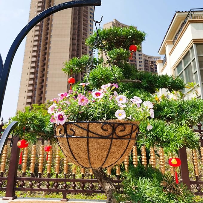 Outdoor Metal Hanging Planters Basket (4pack, 12 inch) Hanging Baskets for Plants Chain Round Wire Plant Holder with Coco Fiber Liners for Garden, Patio, Deck, Porch(Flower Border)