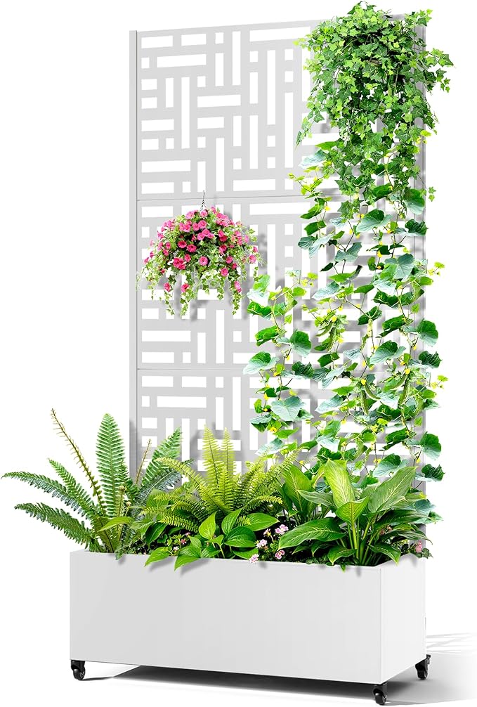 Metal Raised Garden Bed with Trellis, 2-in-1 Planter Box & Privacy Screen for Climbing Plants, Outdoor Standing Flower Bed with Drainage Holes, 35.4" L x 15.7" W x 70.1" H, White-Helen