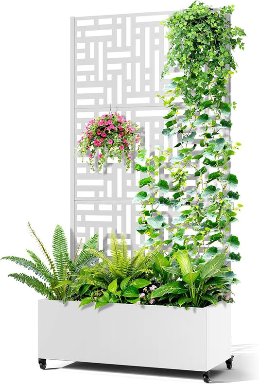 Metal Raised Garden Bed with Trellis, 2-in-1 Planter Box & Privacy Screen for Climbing Plants, Outdoor Standing Flower Bed with Drainage Holes, 35.4" L x 15.7" W x 70.1" H, White-Helen