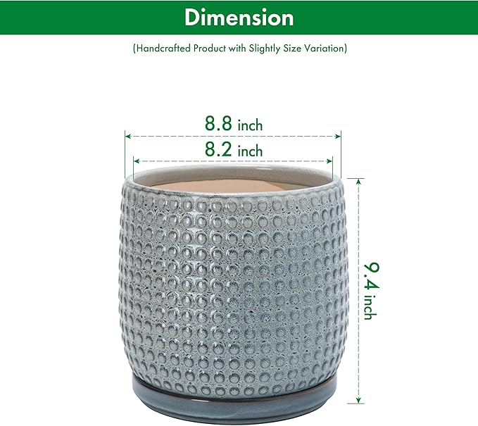 D'vine Dev 8 Inch Ceramic Beaded Stoneware Planter Pot - Flower Pot with Drainage Holes and Saucers for Indoor Succulent Plants or Flowers, Graphite Blue, 27-C-Q-9