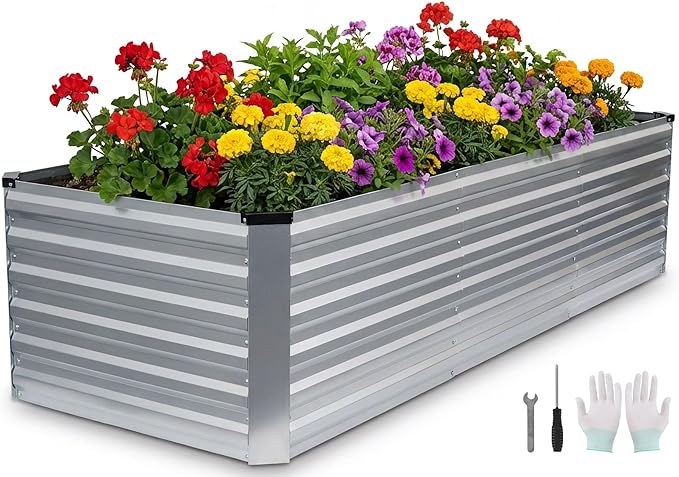 8x3x2FT Galvanized Raised Garden Bed, Outdoor Metal Raised Planter Box for Vegetables, Elevated Rust-Resistant Rectangle Gardening Container Kit with Reinforced Panels for Backyard, Patio(Silver)