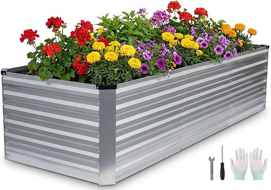 8x3x2FT Galvanized Raised Garden Bed, Outdoor Metal Raised Planter Box for Vegetables, Elevated Rust-Resistant Rectangle Gardening Container Kit with Reinforced Panels for Backyard, Patio(Silver)