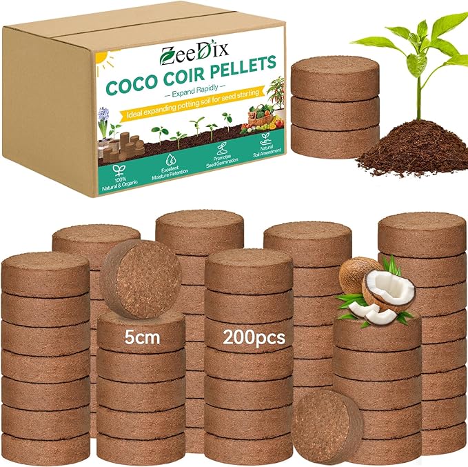 ZeeDix 200 Pcs (50mm) Compressed Coco Coir Fiber Potting Soil- Organic Coco Coir Pellet Fiber Soil for Planting Bonsai, Herbs, Plants, Flowers and Vegetables