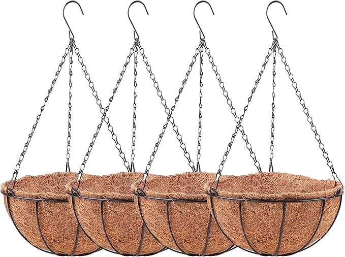LaLaGreen Hanging Baskets for Plants Outdoor (4 Pack, 8 Inch) Hanging Planters Outdoor with Coco Liner, Small Round Flower Pots with Hanger Metal Wire Holder Deck Patio Porch Garden Balcony Decor