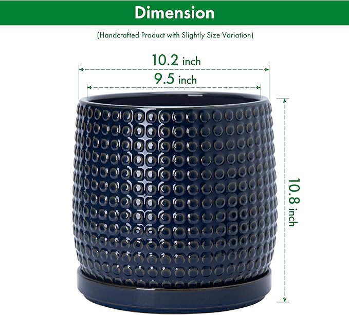 D'vine Dev 10 Inch Ceramic Beaded Stoneware Planter Pot - Flower Pot with Drainage Holes and Saucers for Indoor Succulent Plants or Flowers, Midnight Blue, 27-C-P-3