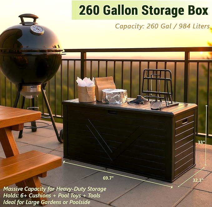 MAKE CHANGES Outdoor Storage Box,260 Gallon Deck Box Outdoor Storage Bench Outside Waterproof Resin Storage Bench, Lockable Patio Cushions, Garden Tools Storage For Furniture, UV Resistant