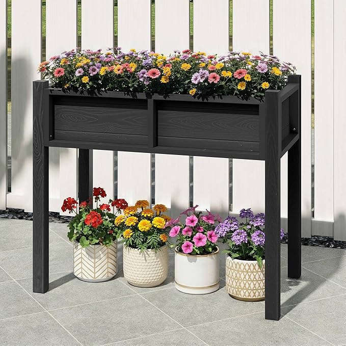 DWVO Raised Garden Bed with Legs All-Weather Elevated Planter Box Outdoor with Drainage System Patio Planters for Herbs Vegetables Flowers Plant Bed for Garden Balcony Backyard, Black