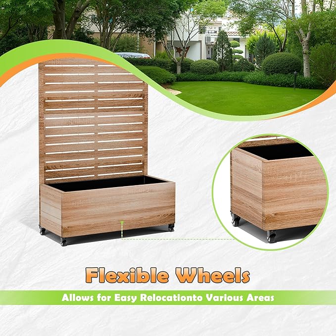 Metal Raised Garden Bed with Trellis, 2-in-1 Planter Box & Privacy Screen for Climbing Plants, Outdoor Standing Flower Bed with Drainage Holes, 35.4" L x 15.7" W x 70.1" H, Cut Oak Grain
