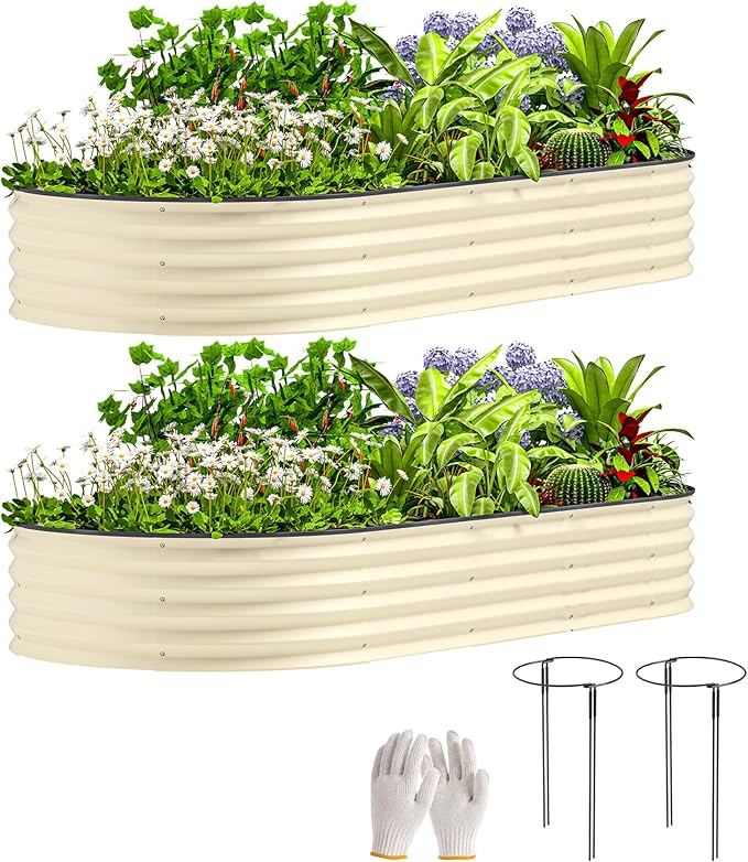Outsunny 2PCS Galvanized Raised Garden Bed, 7' x 3' x 1' Raised Beds for Gardening with Plant Support Stakes, Rubber Strap Edging and Gloves, Metal Planter Box for Vegetables, Flowers, Cream White