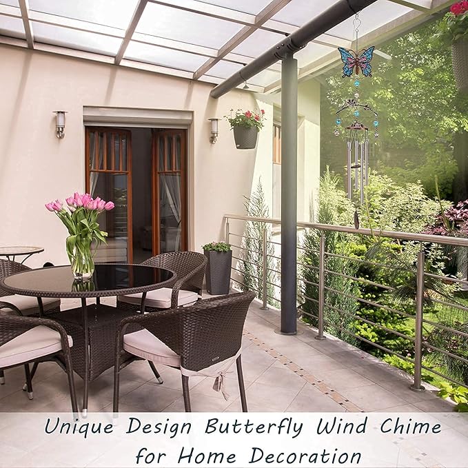 Blue Butterfly Wind Chimes - Wind Chimes for Outside Deep Tone 34 inches 5 Aluminum Tubes, Thanksgiving, Christmas, Birthday Gifts for Mom, Grandma, Daughter, Decor for Home, Garden, Patio, Backyard