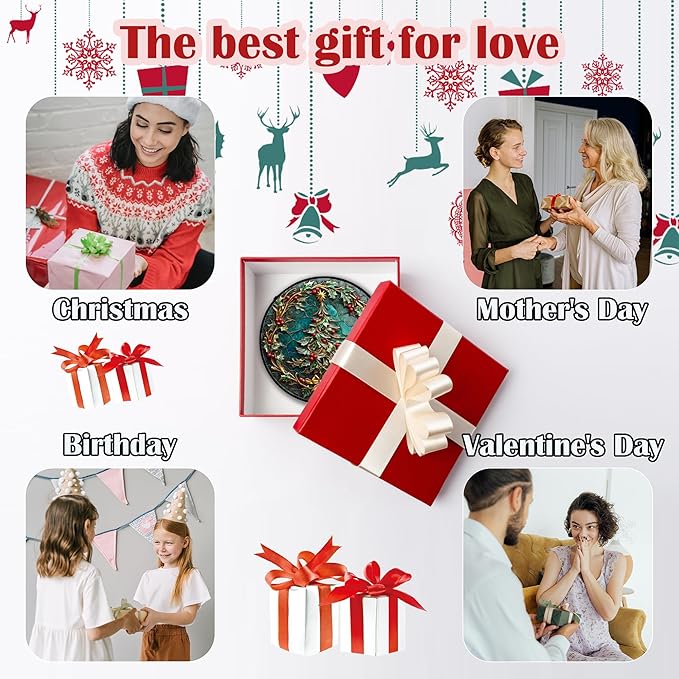 Stained Glass Window Hangings - Red Gold Green Wreath Suncatcher for Door Home Christmas Tree Decoration Sun Catcher Thanksgiving New Year Birthday Gift for Women Men Mom Grandma 11.8 in