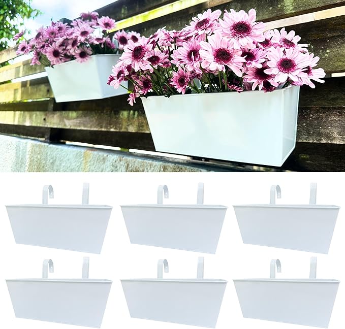 LaLaGreen Outdoor Rail Planter (6 Pack, 16 Inch) Large White Metal Strawberry Wall Hanging Planters, Balcony Deck Railing Fence Succulent Herb Rectangular Plant Holder Outside Patio Porch Decoration