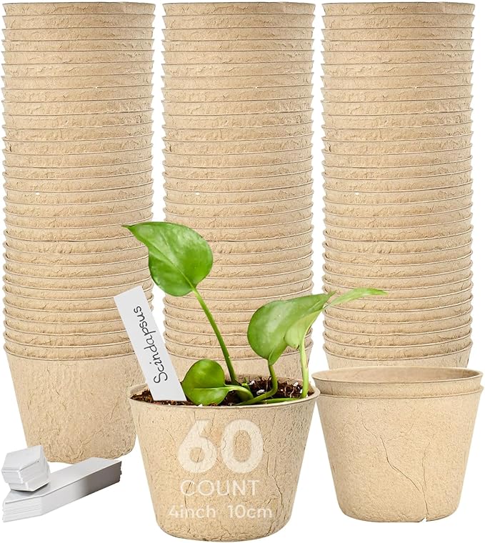 60 Pack 4 inch Peat Pots for Seeding with 60Pcs Plant Labels, Biodegradable Seed Starter Pots with Drainage Holes, Garden Germination Nursery Pots