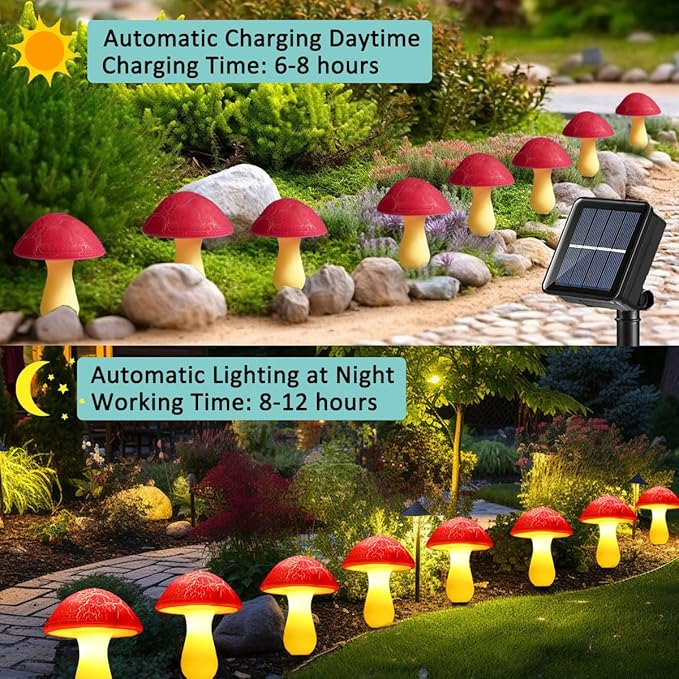 Solar Mushroom Lights Garden Decor 8 Red Crack Mushrooms Outdoor Decor Stake Lights, Waterproof Solar Pathway Light Gardening Gifts for Landscape Easter Gnomes Yard Halloween Christmas Decorations
