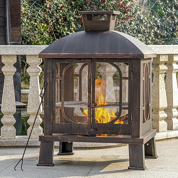 45" H×31''W Metal Chiminea Fire Pit with Grill, Wood Burning Fire Pits for Outside,Square Chimineas Fireplace with Mesh Spark Screen Door& Fire Poker for Garden,Yard,BBQ,Bonfire (Black&Gold)