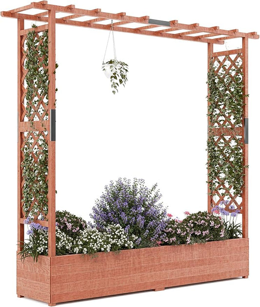 Raised Garden Bed with Trellis, Wood Planter Box with Hanging Roof & Drainage, Elevated Garden Bed for Climbing Plants, Vegetables, Flowers