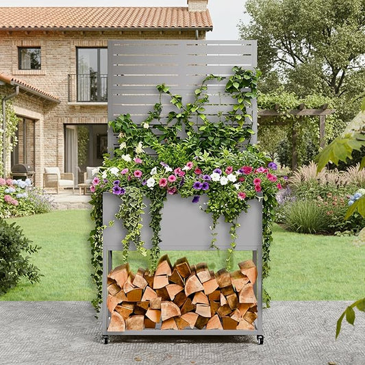 Metal Planter Box with Trellis, 3 in 1 Raised Garden Bed with Trelli & Firewood Rack, Privacy Planter Screen for Climbing Plants, Vine, Outdoor Garden Standing Beds with Drainage Holes, Wheels,Grey