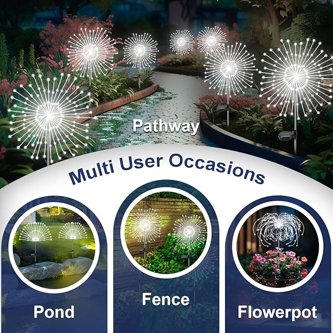 Solar Garden Lights Outdoor, 4 Pack 120 LED Twinkling Firework Lights Decorative with 2 Modes, Outdoor Waterproof Solar Starburst Light for Outside Yard Pathway Garden Decor, White