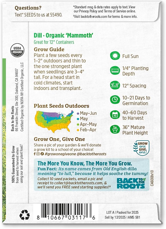 Back to The Roots 100% Organic Heirloom Seeds - Dill Herb Value Pack (2g Total)