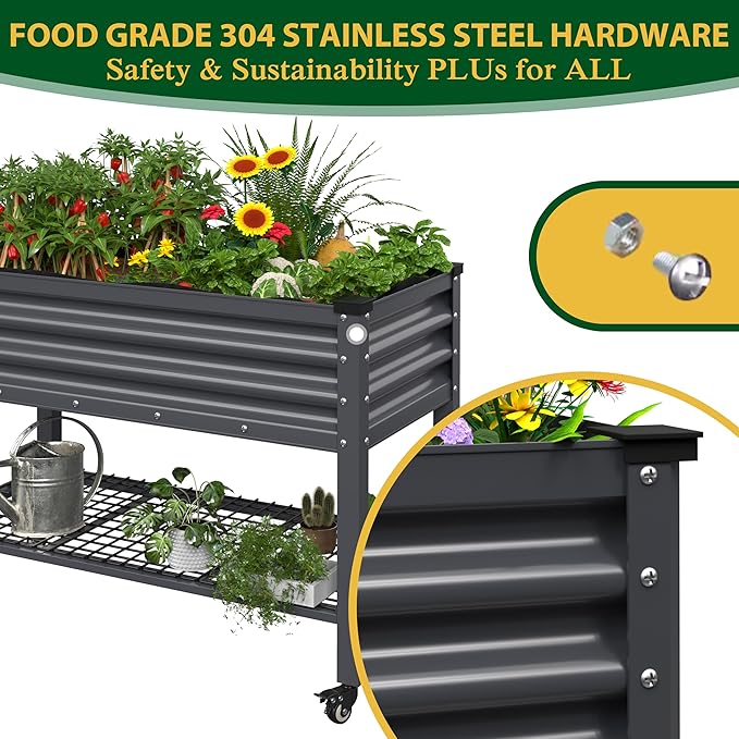 MUPATER Galvanized Steel Raised Garden Bed with Legs, 48" L x 24" W x 34" H Large Metal Elevated Raised Planter Box with Rolling Casters & Extra Bottom Shelf for Backyard, Garden, Patio, Balcony, Gray