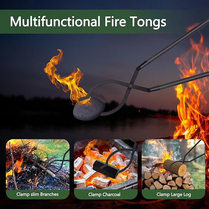 42" Large Fireplace Tongs Log Grabber with Scissor Shape Serrated, Portable Expandable Fire Pit Tongs accessory for Outdoor Fire Pit, grizzly grabber, indoor Fireplaces,Bonfires.
