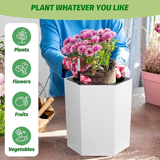 16" Tall Planters Set of 2, Large Outdoor & Indoor Self-Watering Pots with Water Level Monitor, Drainage Hole & Wheels, Planter Pots for Garden, Patio, Balcony, Lounge - White