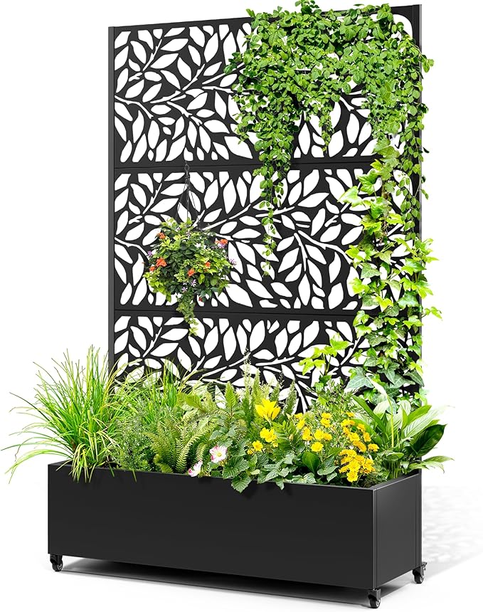 Metal Raised Garden Bed with Trellis, 2 in 1 Trellis with Planter Box & Privacy Screen for Climbing Plants, Vine, Outdoor Standing Flower Beds with Drainage Holes,47.2" L x 16.7" W x 70.8" H,(Black)