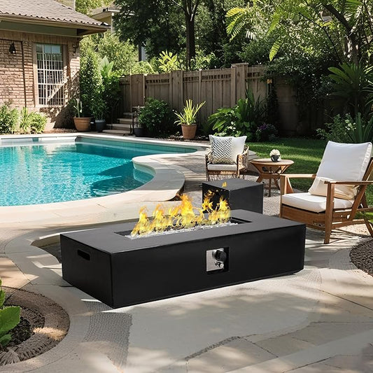 2-Piece Outdoor Propane Fire Pit Table Set – Premium Marble-Like MgO Finish, 56-Inch Gas Fire Table with Tank Table for Patio, Garden & Backyard, Includes Rain Cover & Glass Beads