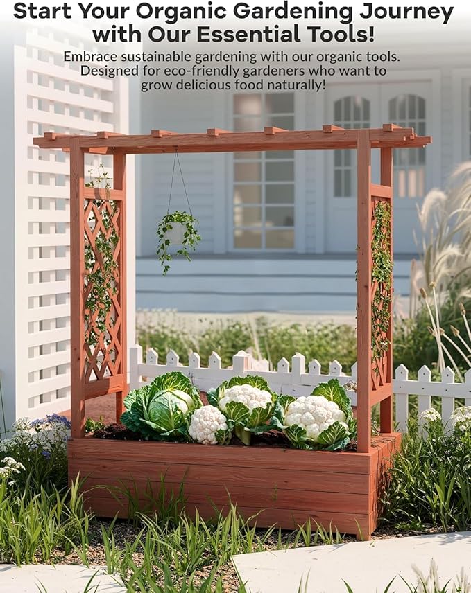 Raised Garden Bed with Trellis and Hanging Roof, Wooden Planter Box with Side Supports and Drainage, Freestanding Elevated Planter for Climbing Plants, Vines, and Flowers, 43x17x44Ft