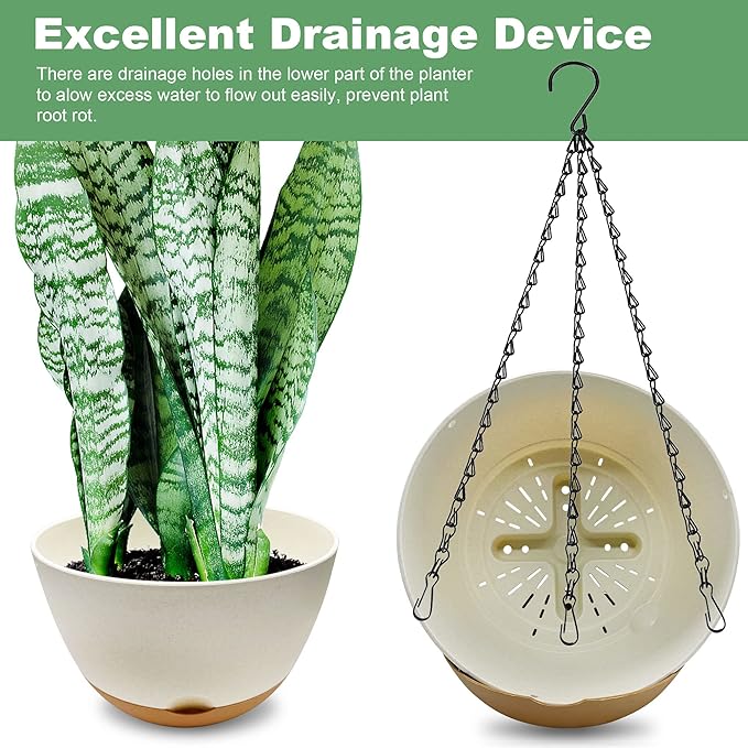 2 Pack Hanging Planters for Outdoor Indoor Plants, 10 Inch Plastic Outdoor Hanging Planter, Hanging Flower Pots for Outside with Drainage Holes & Removable Saucer for Garden Home