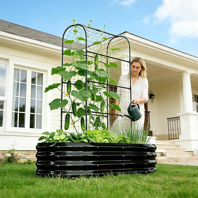 DoCred 2 in 1 Galvanized Raised Garden Bed, 1Pcs Garden Planter Box with 71" H Trellis for Climbing Plants, Outdoor Gardening Raised Beds with Climbing Net for Fruits, Vegetables, Flower (Black)