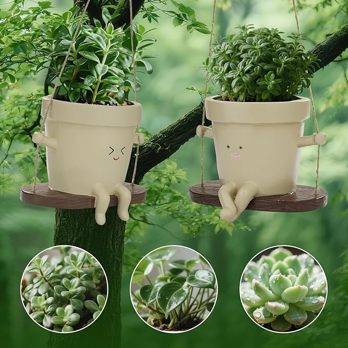 Hanging Planter Swing Face Plant Pot Cute Resin Head Planters Without Hole Indoor/Outdoor Plant Holder for Succulents, Unique Sitting Sway Pots Gift Ideas for Mother (2Pack-Style-AB)