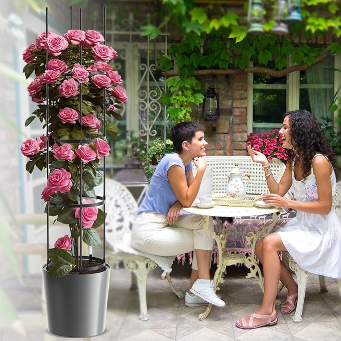 SUNYRISY Raised Garden Bed Planter Box with Trellis, Self Watering Tomato Planter Box with Wheels for Climbing Plants Vegetable Vine Flowers Outdoor Patio, Grey