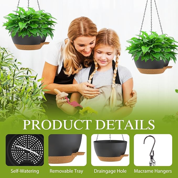 12 Inch Hanging Baskets 2 PC with Chains, Self-Watering Hanging Planters for Indoor Outdoor Plants, Plastic Hanging Flower Pots,Black Brown