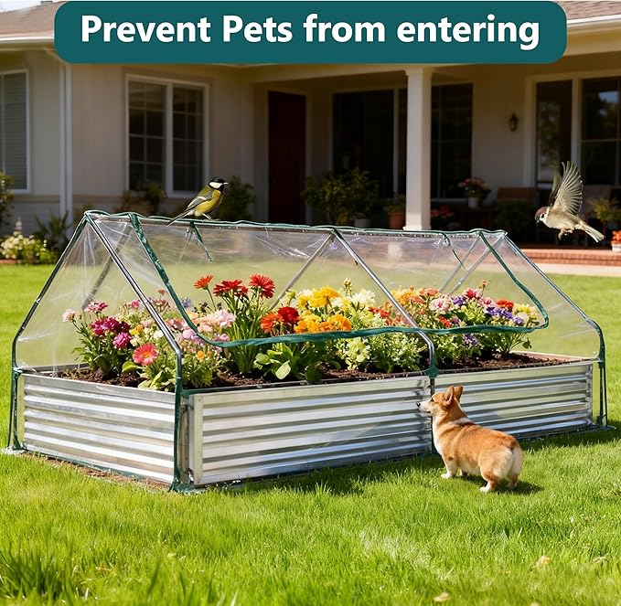 Smug Outdoor Raised Garden Bed with Transparent Waterproof Cover for Growing Vegetables, Cold-Resistant Planter Box Kit with Large Screen Windows for Herbs & Flowers, 8x4x1ft