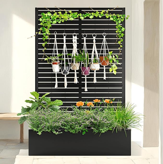 Metal Planter Box with Trellis & Wheels, Raised Garden Bed with Privacy Screen, Outdoor Standing Flower Beds with Drainage Hole for Climbing Plants, Vine, 47" Lx16 Wx71 H, Black-Louvered