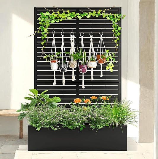 Metal Planter Box with Trellis & Wheels, Raised Garden Bed with Privacy Screen, Outdoor Standing Flower Beds with Drainage Hole for Climbing Plants, Vine, 47" Lx16 Wx71 H, Black-Louvered