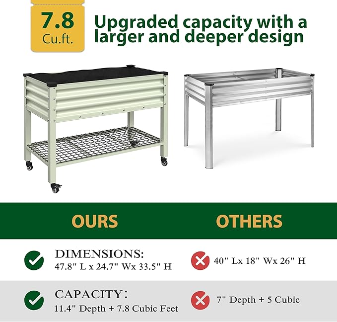 VEIKOU 48x24x34in Galvanized Steel Raised Garden Bed for Outdoor with Shelf and Casters, Drainage Holes, Detachable Liner, Steel Planter Box for Gardening, 507 lbs Capacity, Cream White