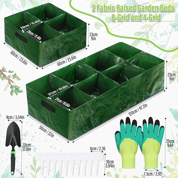 2Pcs Fabric Raised Garden Bed 8Girds Breathable Planting Containers and 4Girds Planters PE Planting Bed with Drainage Holes 128 Gallon Rectangle Garden Grow Bags for Outdoor Vegetables Fruits Flower