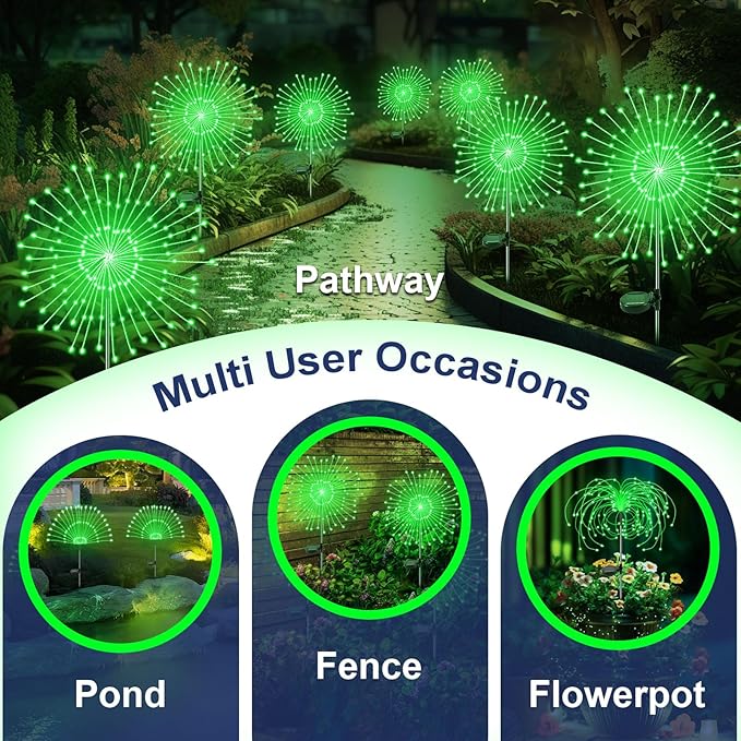 Solar Garden Lights Outdoor, 2 Pack 120 LED Twinkling Firework Lights Decorative with 2 Modes, Outdoor Waterproof Solar Starburst Light for Outside Yard Pathway Garden Decor, Green
